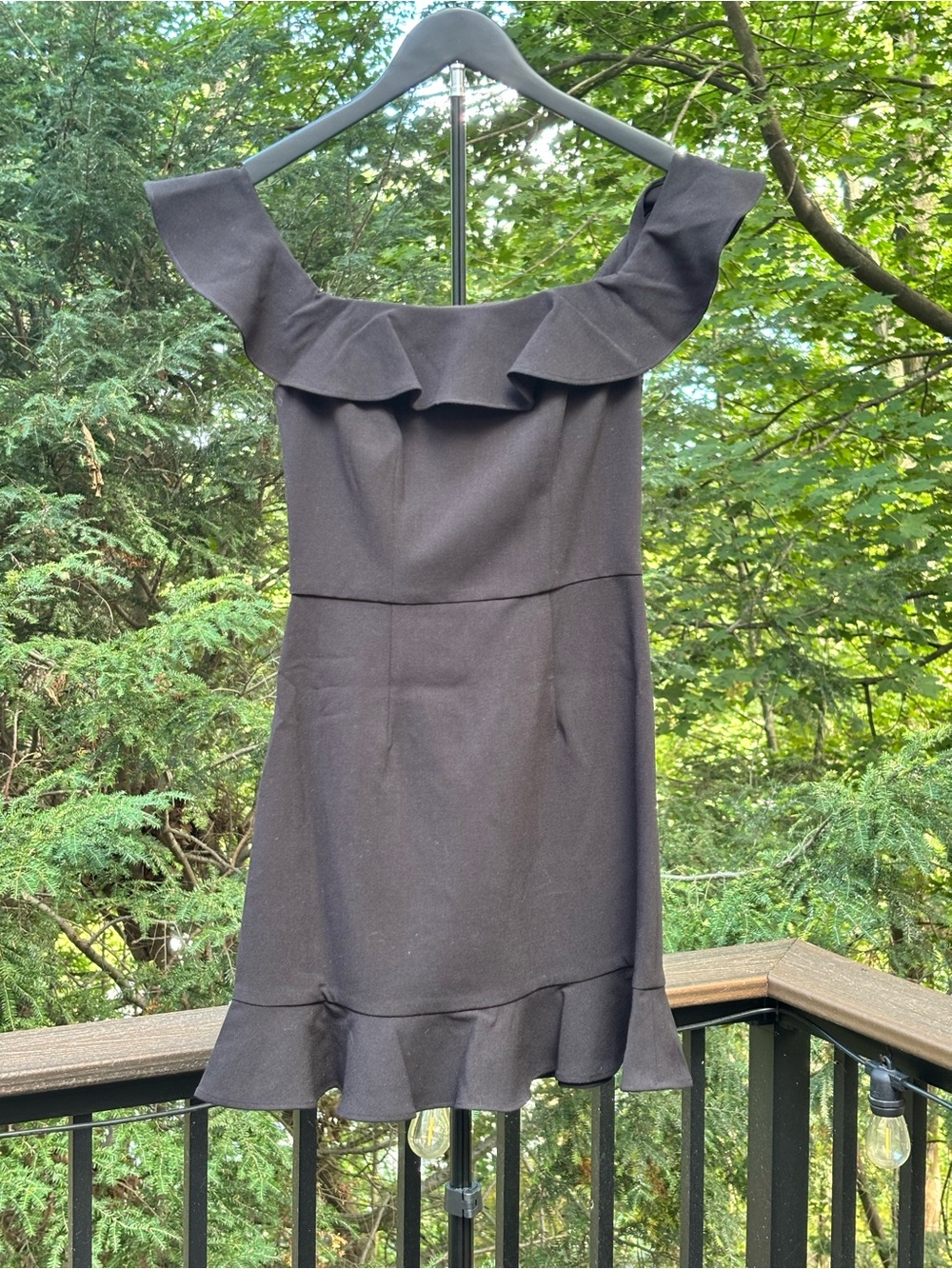 French Connection Zip Up Black Ruffle-Trim Off-Shoulder Dress